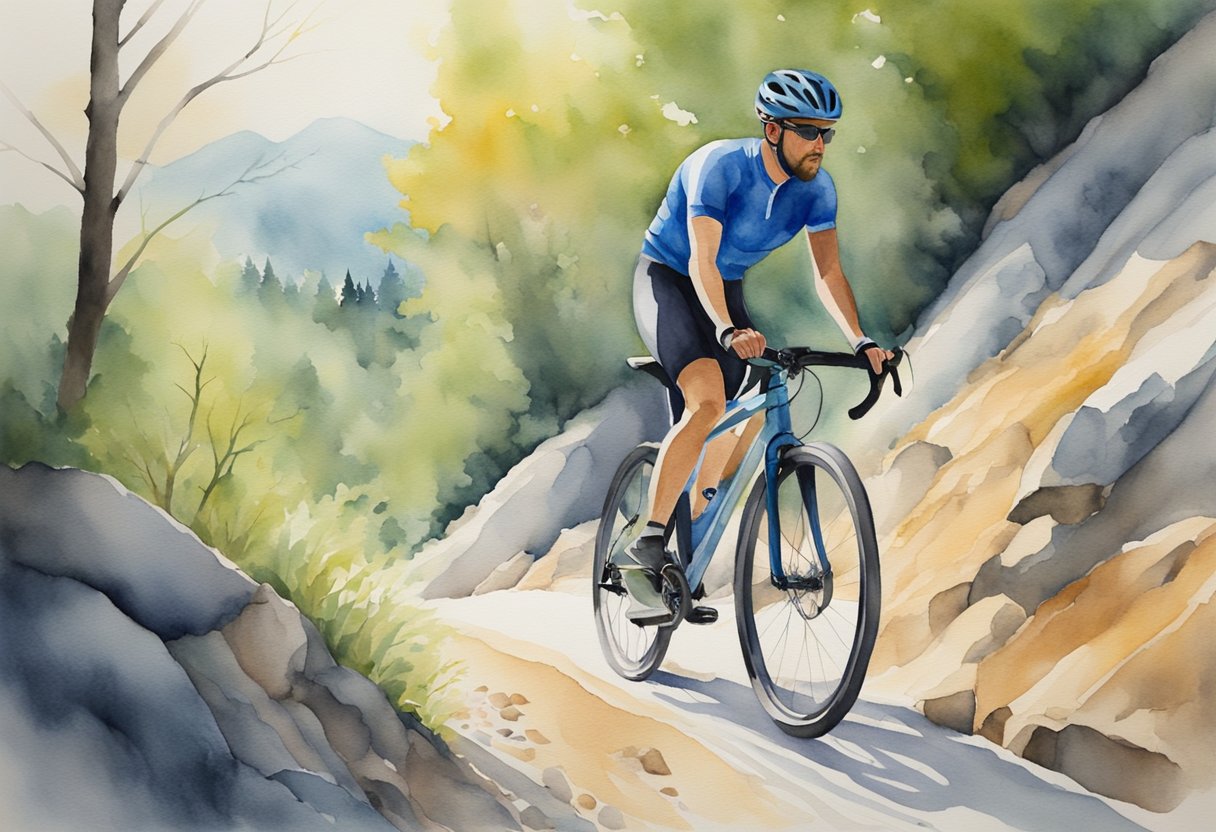 A digital watercolor of cyclist gravel riding on a trail in the mountains