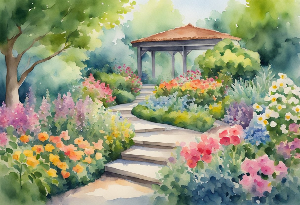 A digital watercolor of a backyard garden with a pergola