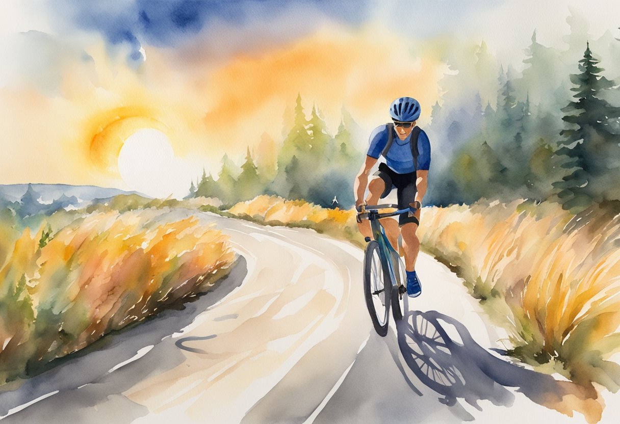 A digital watercolor of cyclist riding on a road through a field during sunset