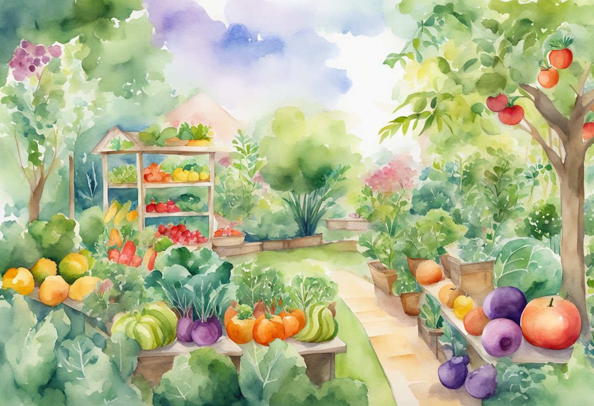 A digital watercolor of a backyard garden and its bounty