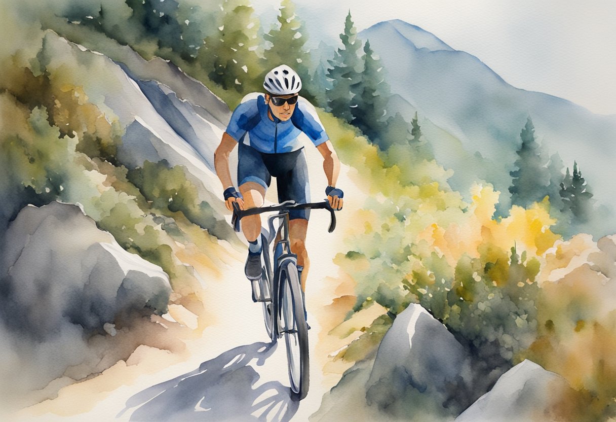 A digital watercolor of cyclist's gravel riding on a mountain trail