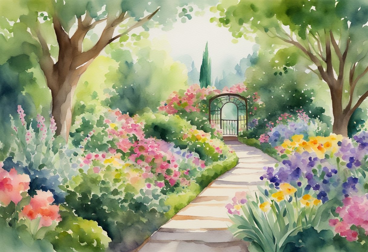 A digital watercolor of a backyard garden with a gate at the end of a walkway