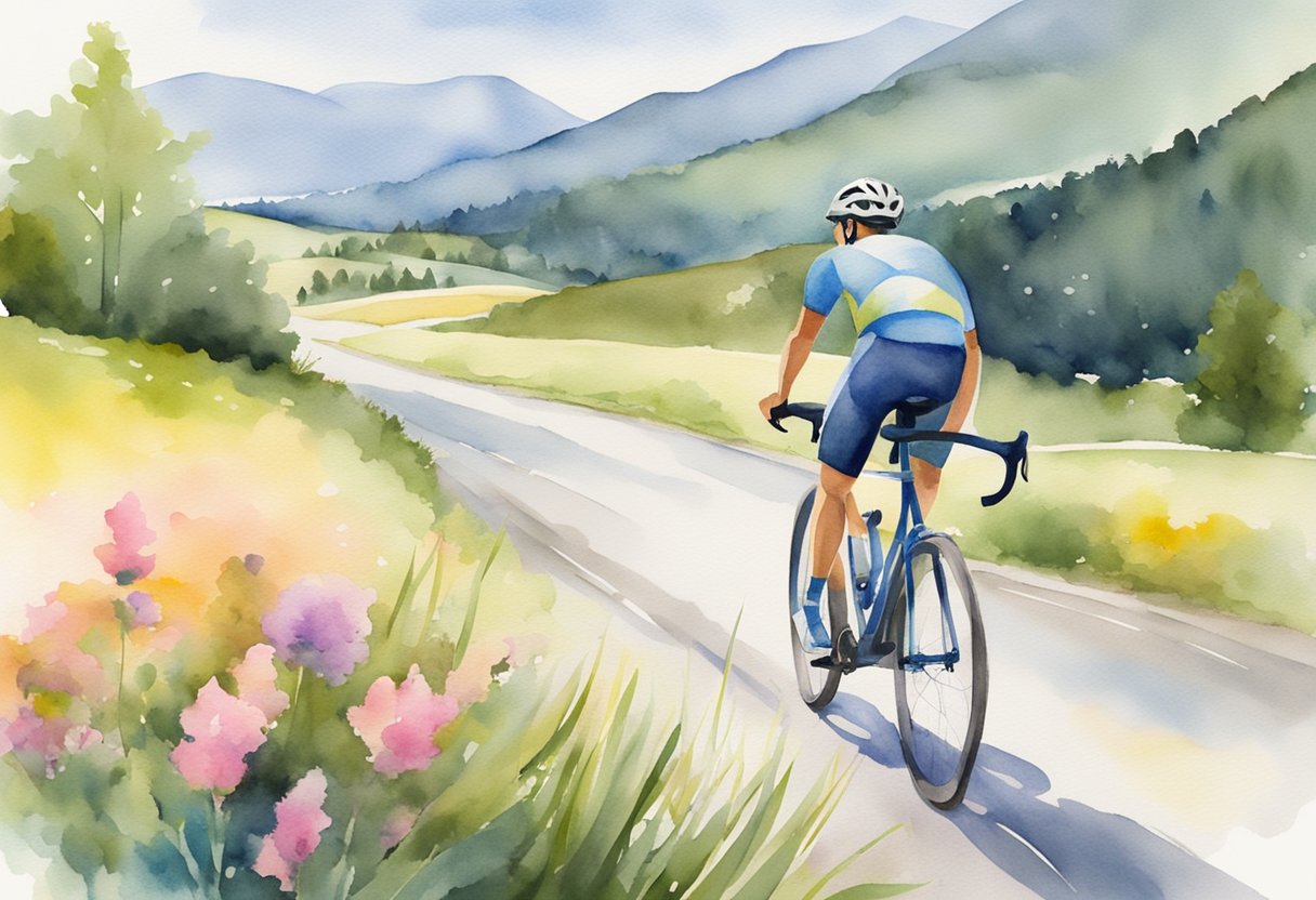 A digital watercolor of cyclist's riding on a road through a country side