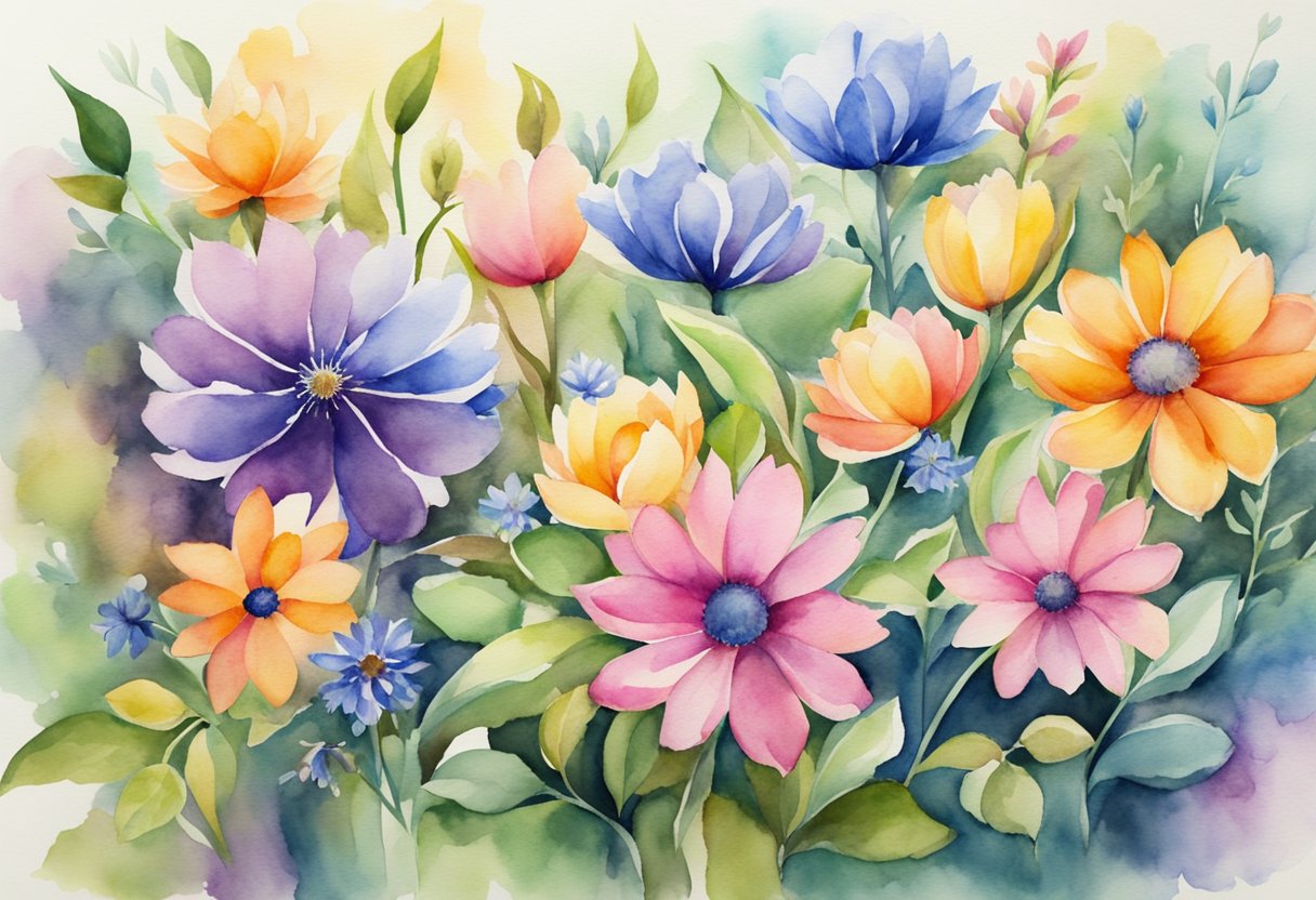 A digital watercolor of a close up of flowers