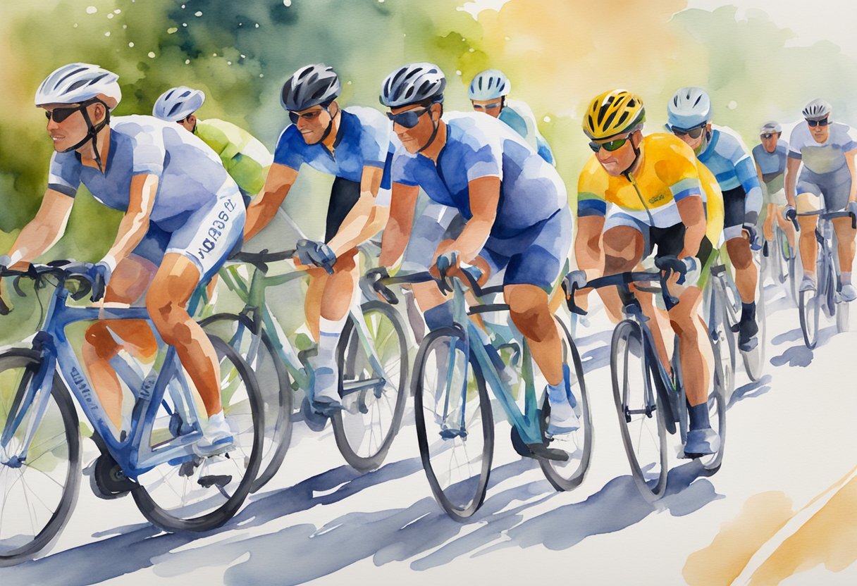 A digital watercolor of cyclist's racing