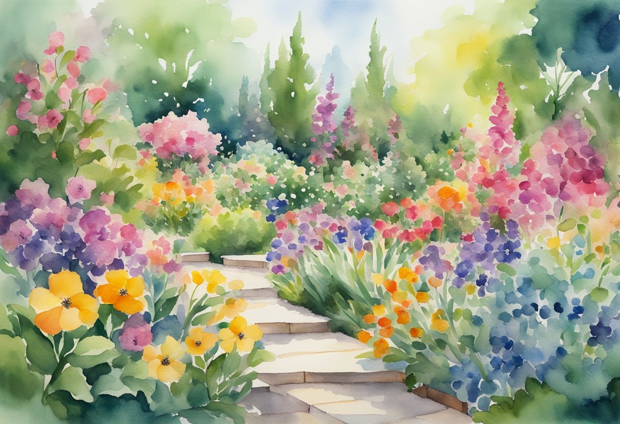 A digital watercolor of a backyard botanic garden