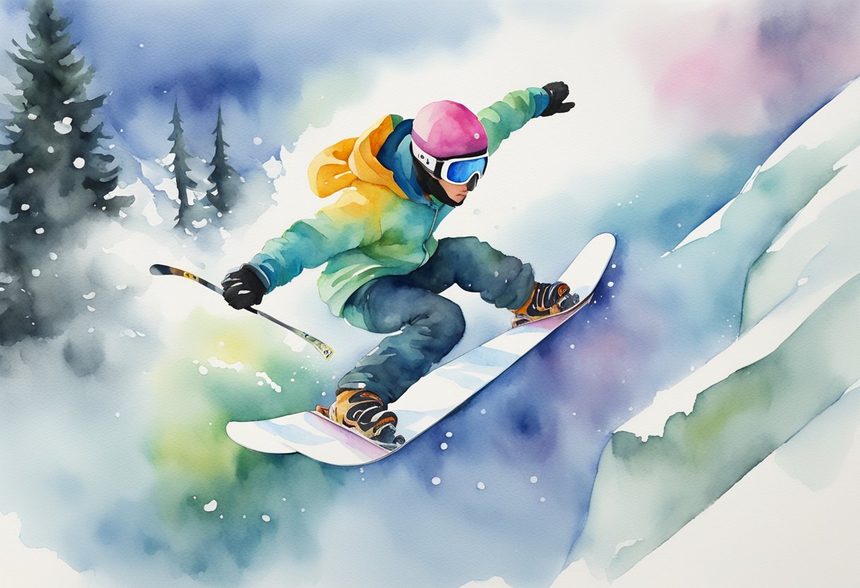 A digital watercolor of a snowboarder doing a extreme aerial