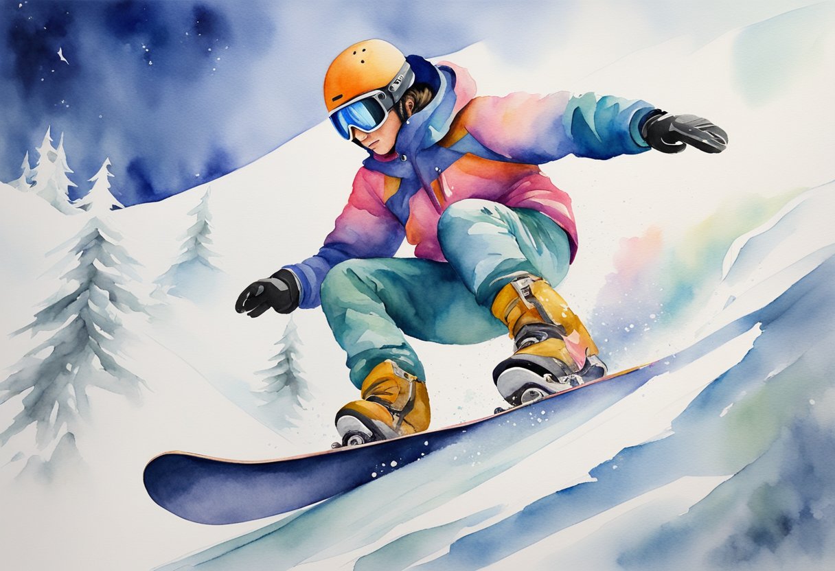 A digital watercolor of a snowboarder ripping down the mountain