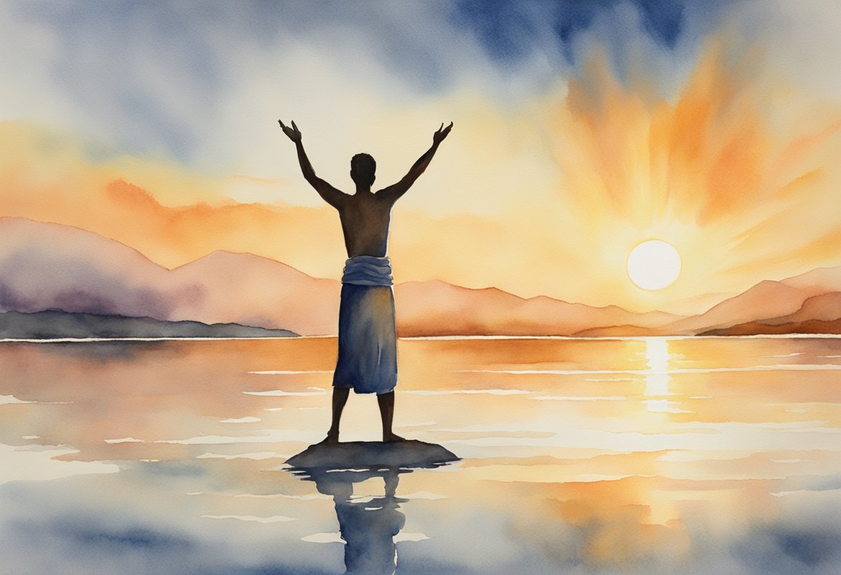 A digital watercolor of a man practicing sunrise yoga