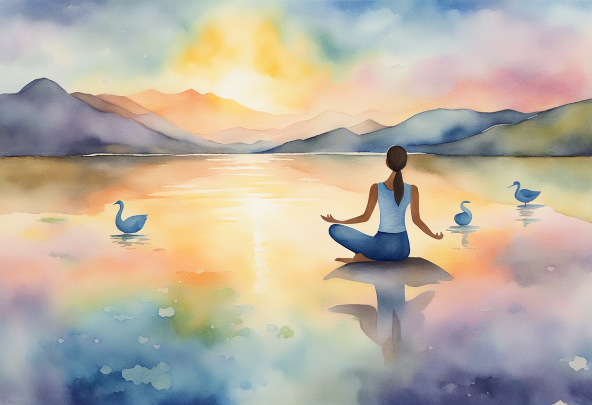 A digital watercolor of a woman practicing sunrise yoga