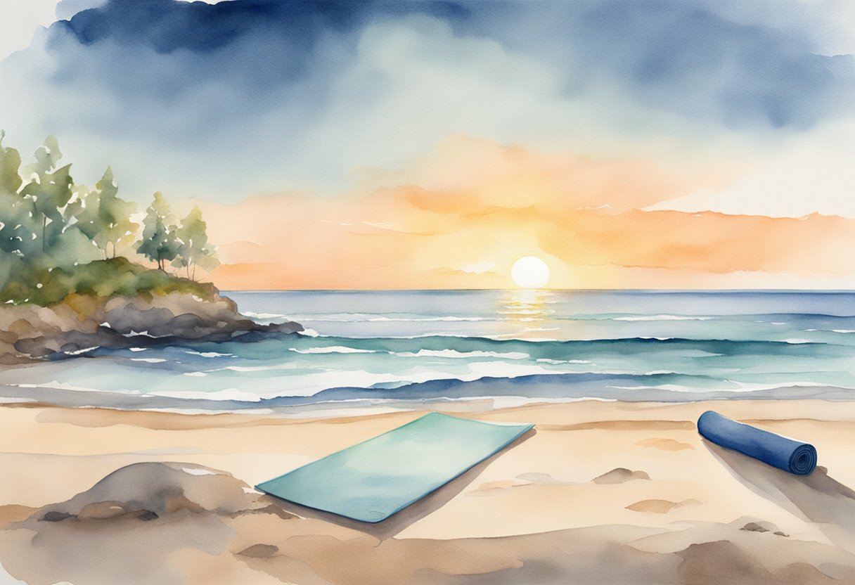 A digital watercolor of sunrise yoga at the beach