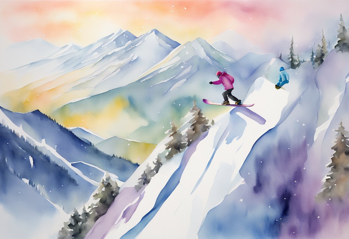 A digital watercolor of a snowboarder "dropping in"