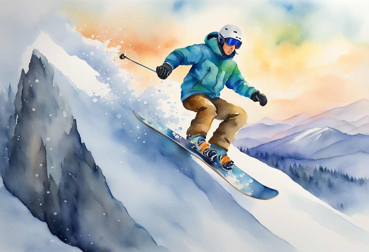 A digital watercolor of a skier skiing down a mountain