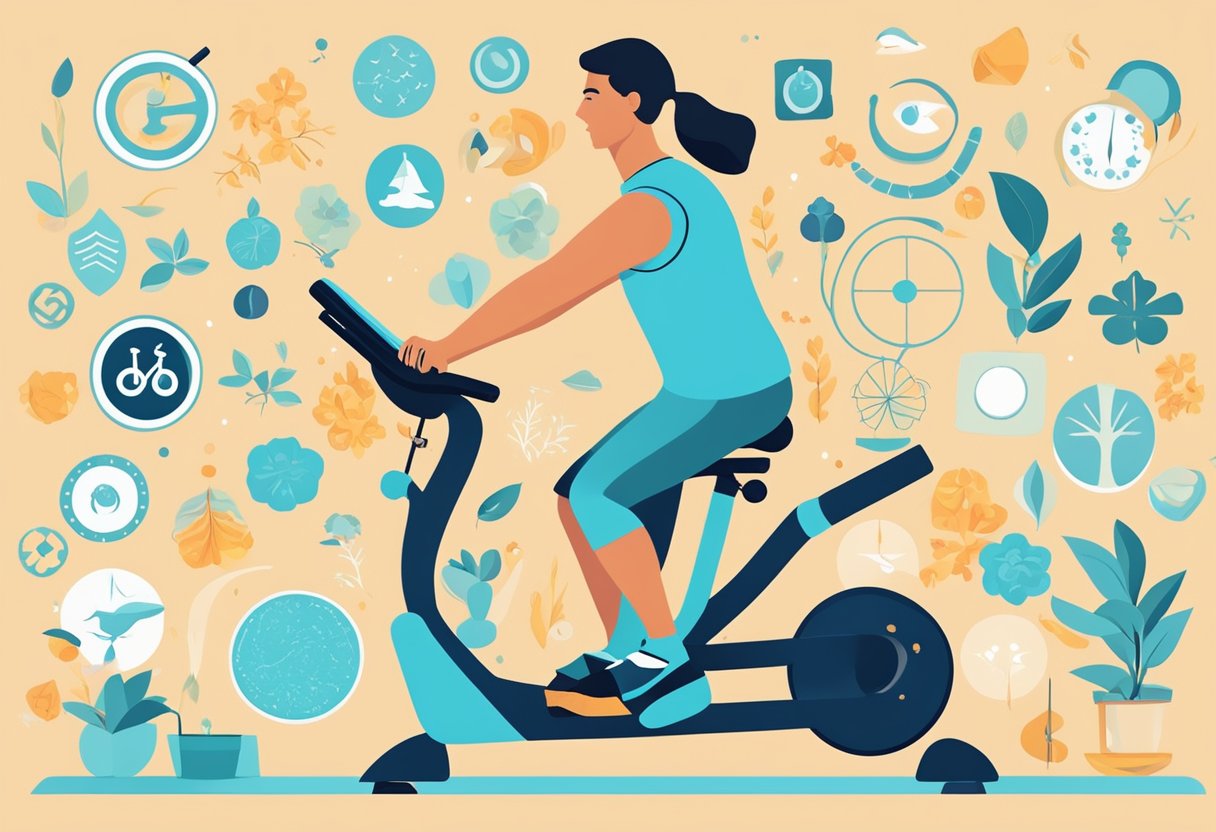 A digital illustration of a woman on a stationary bike