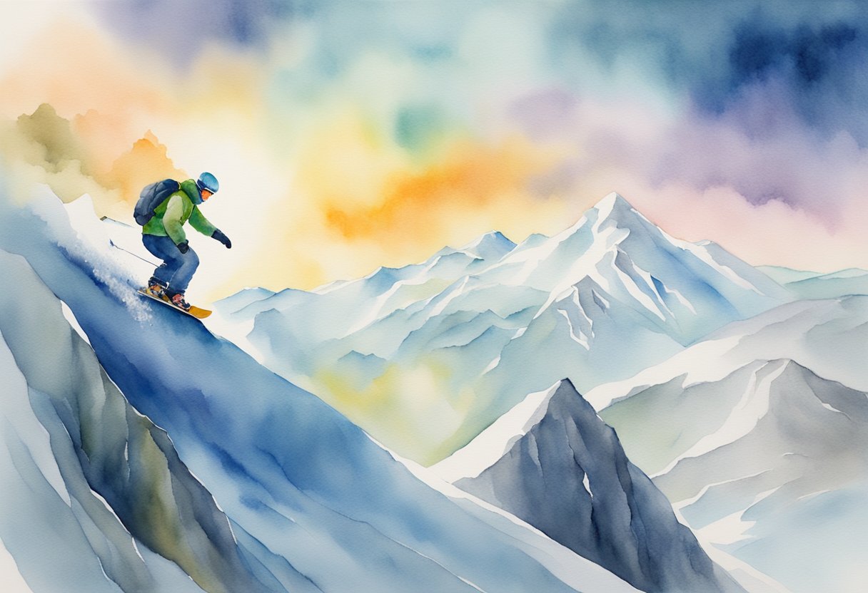 A digital Watercolor of a snowboarder riding down a mountain with 