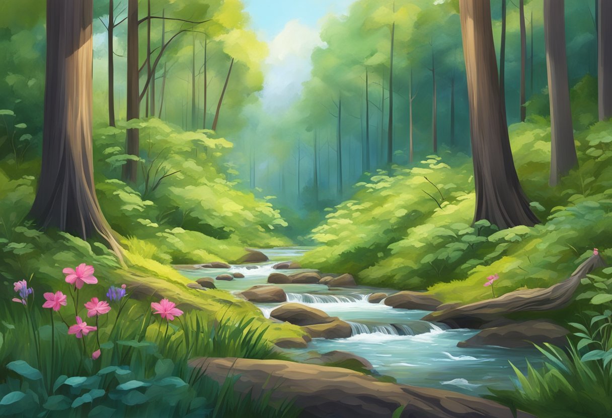 A digital illustration of a flowing stream in a green forest