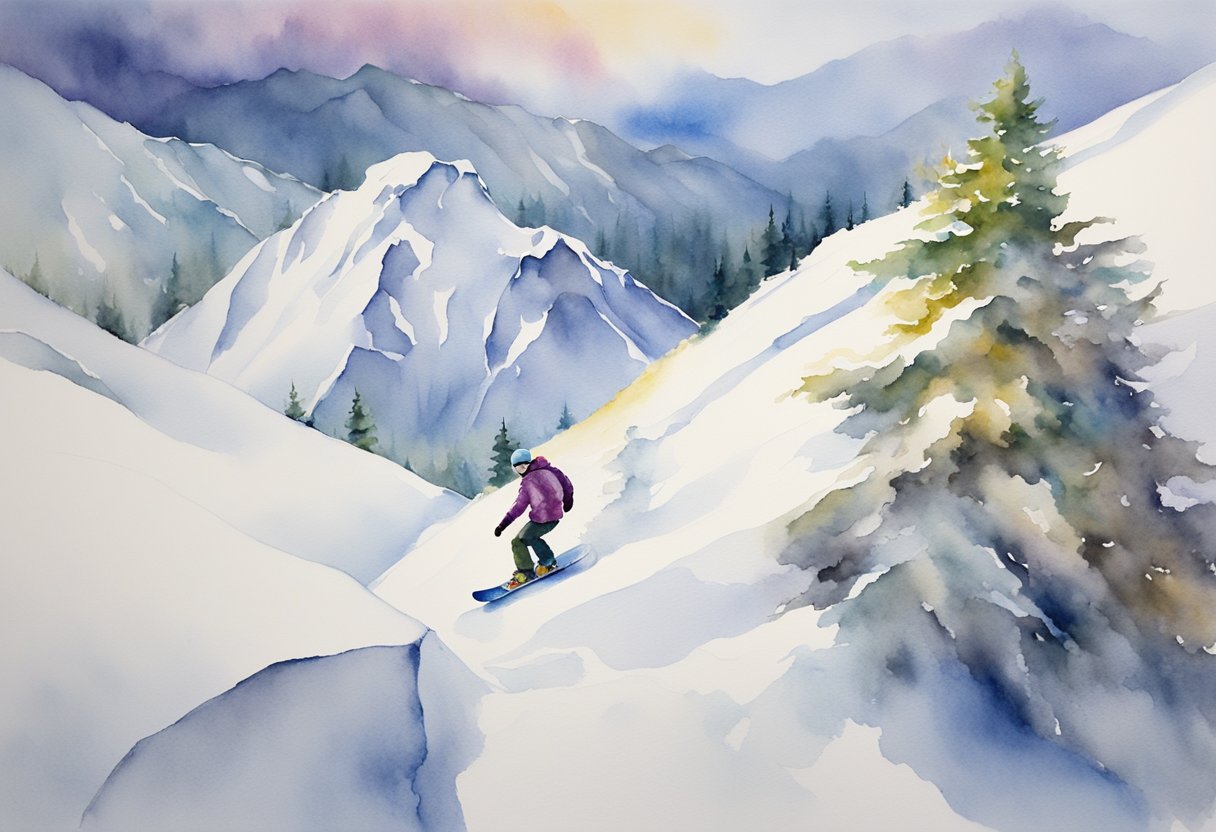 A digital watercolor of a snowboarder sliding down a mountain 