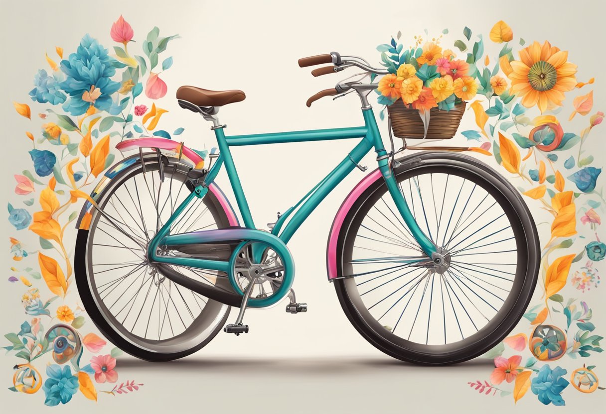 A digital illustration of a bike with colorful flowers and ribbons