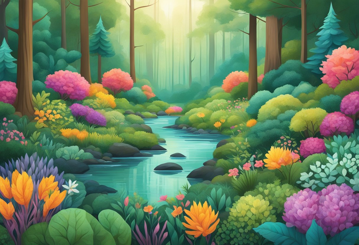 A digital illustration of a colorful forest with a slow flowing stream