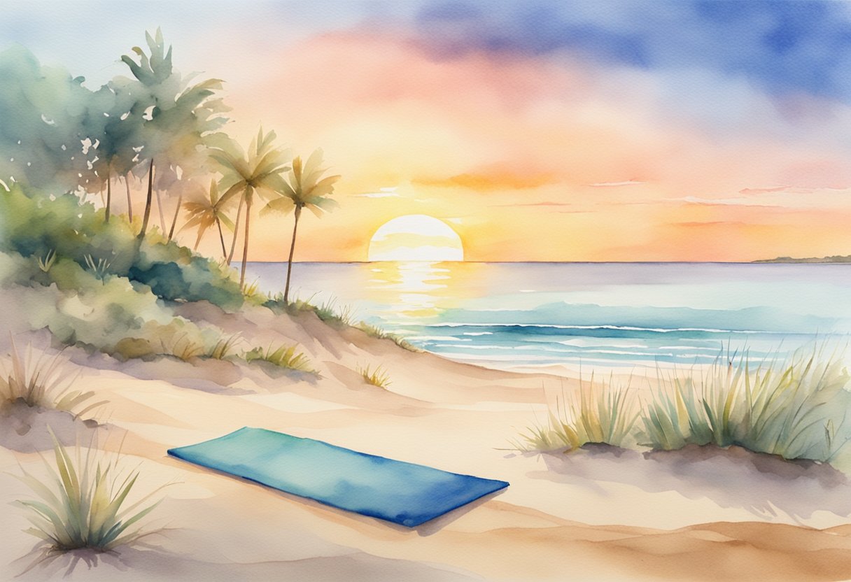 A digital watercolor of a sunrise yoga spot on a beach