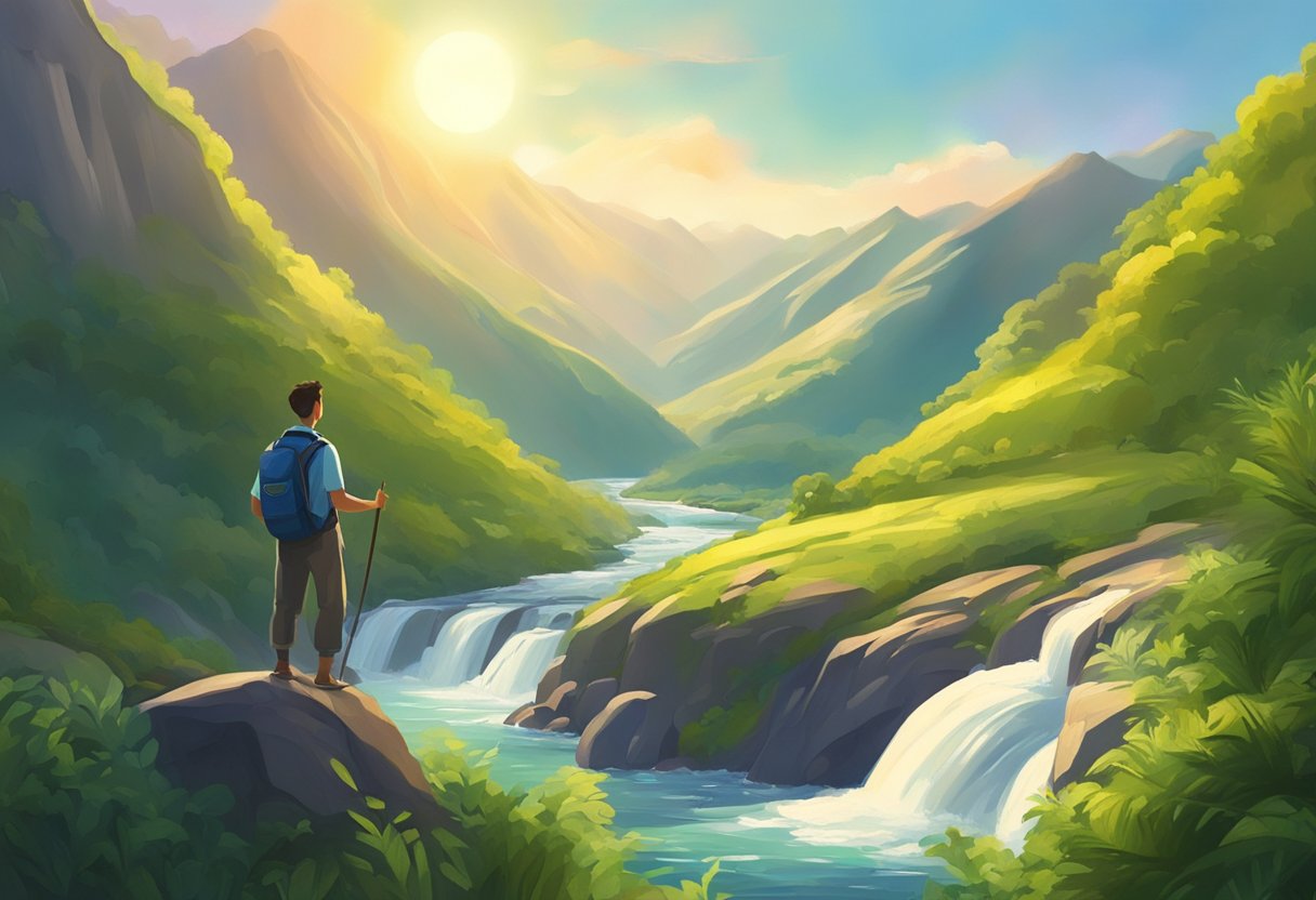 A digital illustration of a man standing on a large rock near a river with small waterfalls