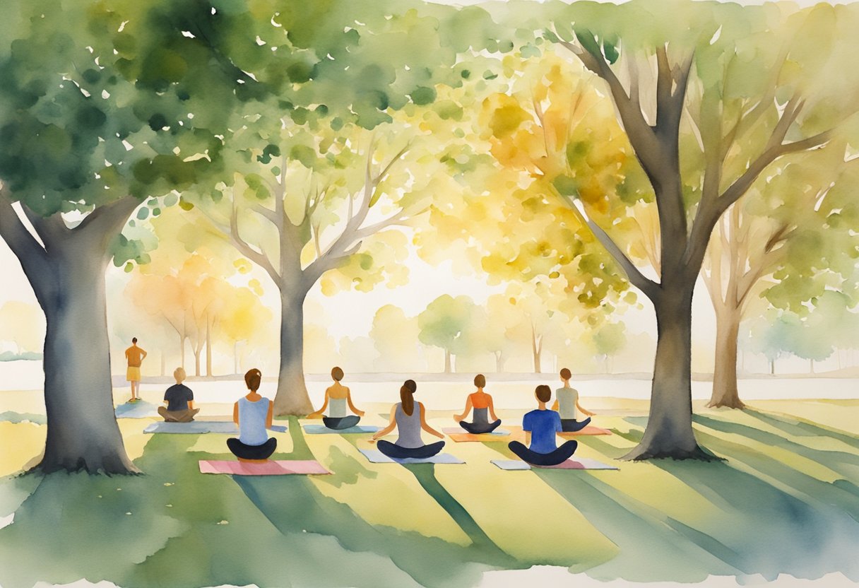 A digital watercolor of sunrise yoga in a park