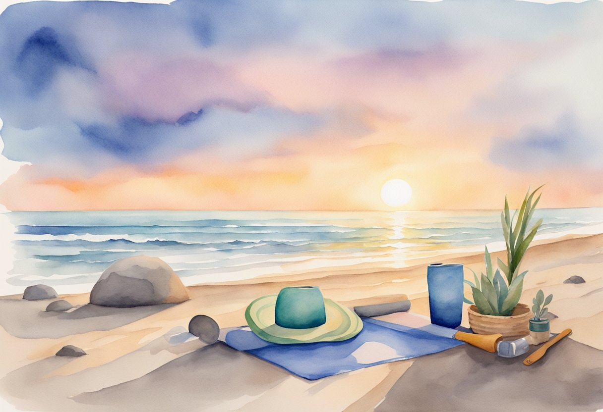 A digital watercolor of yoga gear ona beach at sunrise