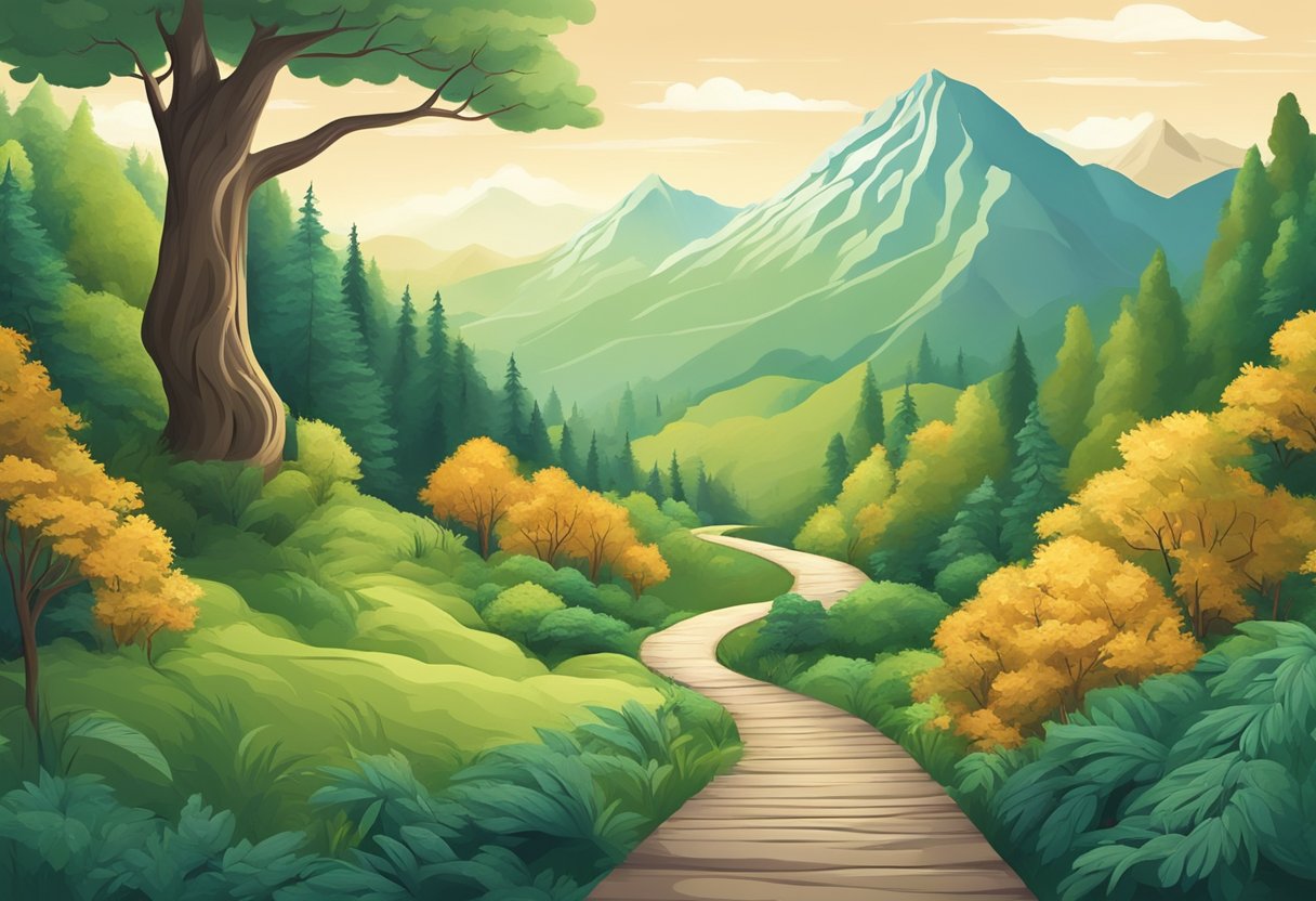 A digital illustration of a walking path leading into the mountains
