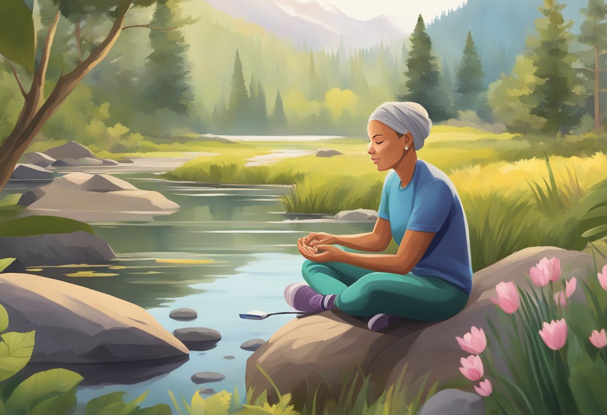 A digital illustration of a woman enjoying outdoor time sitting on rocks near water