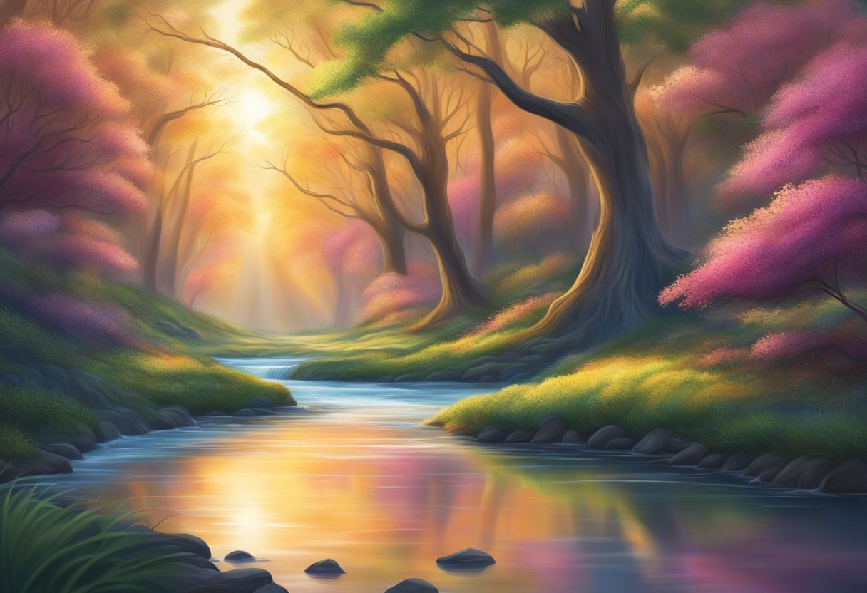 A digital illustration of acolorful forest with reflections off the gentle flowing stream
