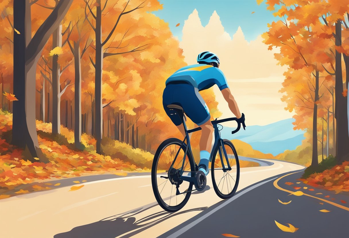 A digital illustration of a cyclest on an empty road with fall colors in the background 