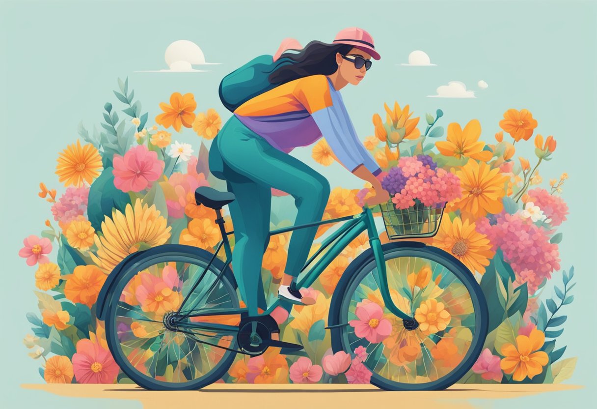 A digital illustration of of a lady pedaling with a floral background