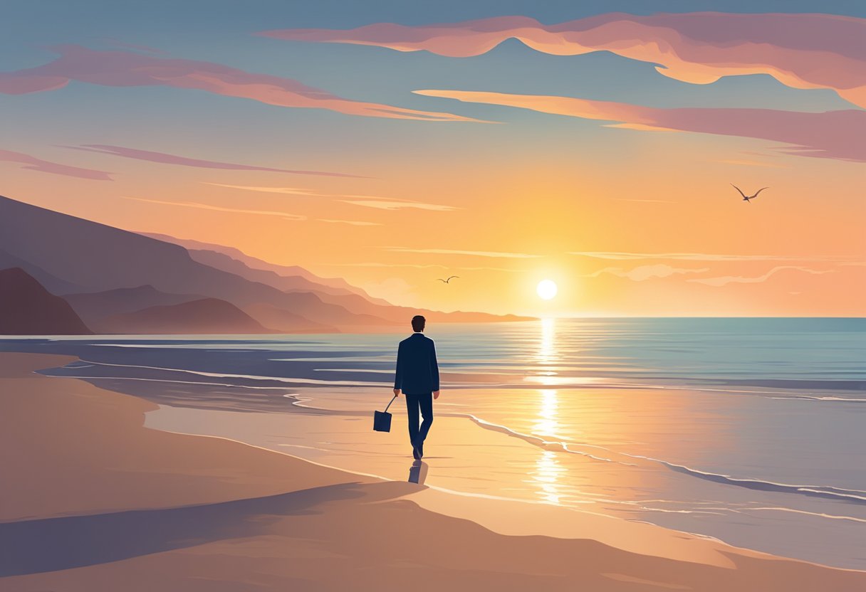 A digital illustration of a man walking on the beach at sunset