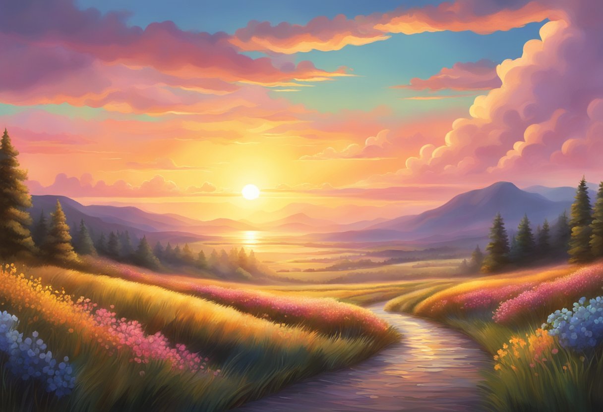 A digital illustration of a walking path through a field at sunset