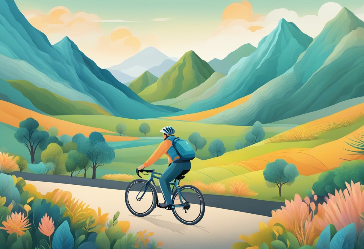 A digital illustration of am man on a bike in the mountains