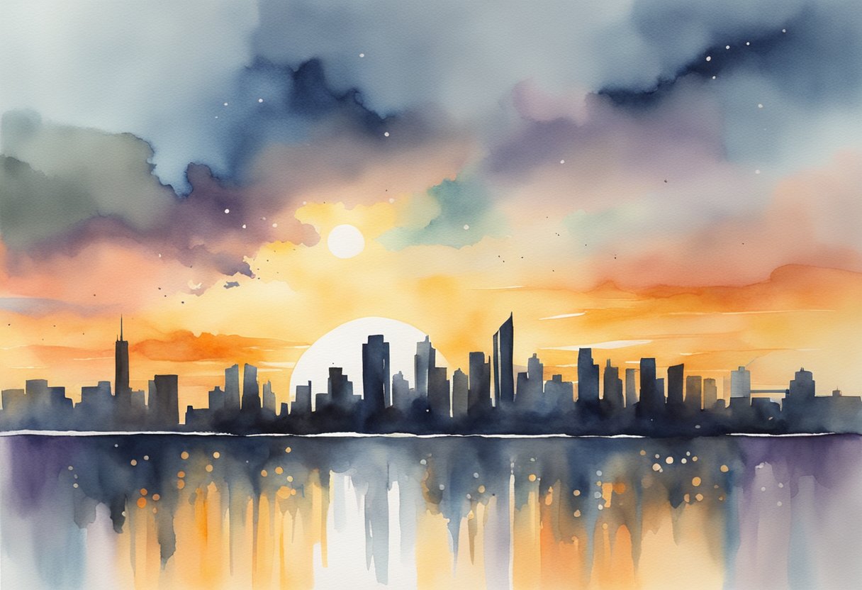 A digital watercolor of a city skyline at night with stars