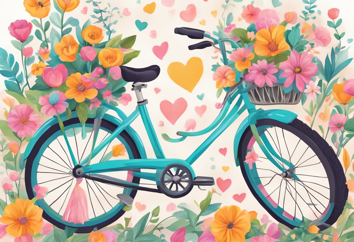 A digital illustration of a bicycle with lots of flowers 