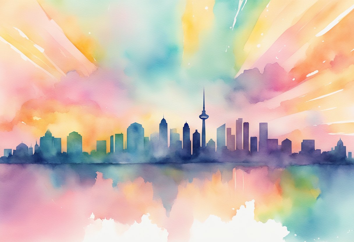 A digital watercolor of a city skyline with a water reflection