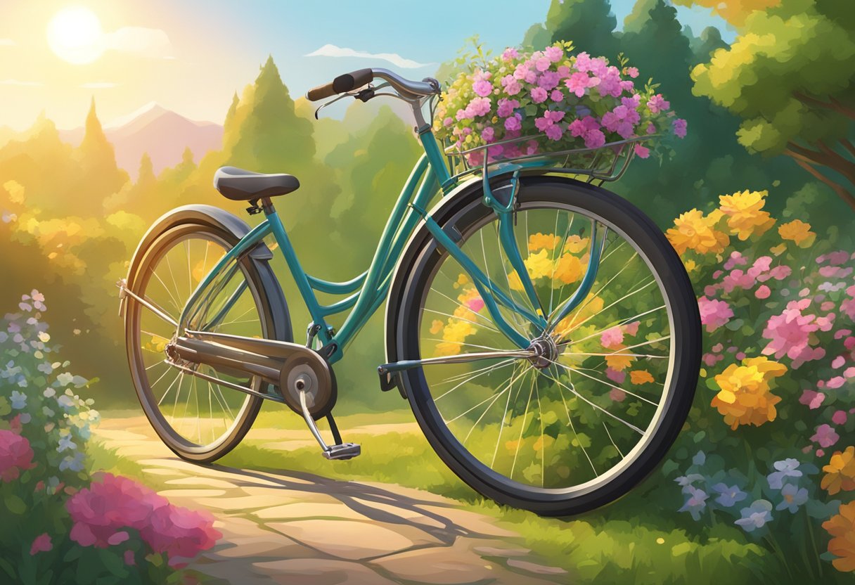 A digital illustration of a bicycle with afront basket full of flowers in a garden