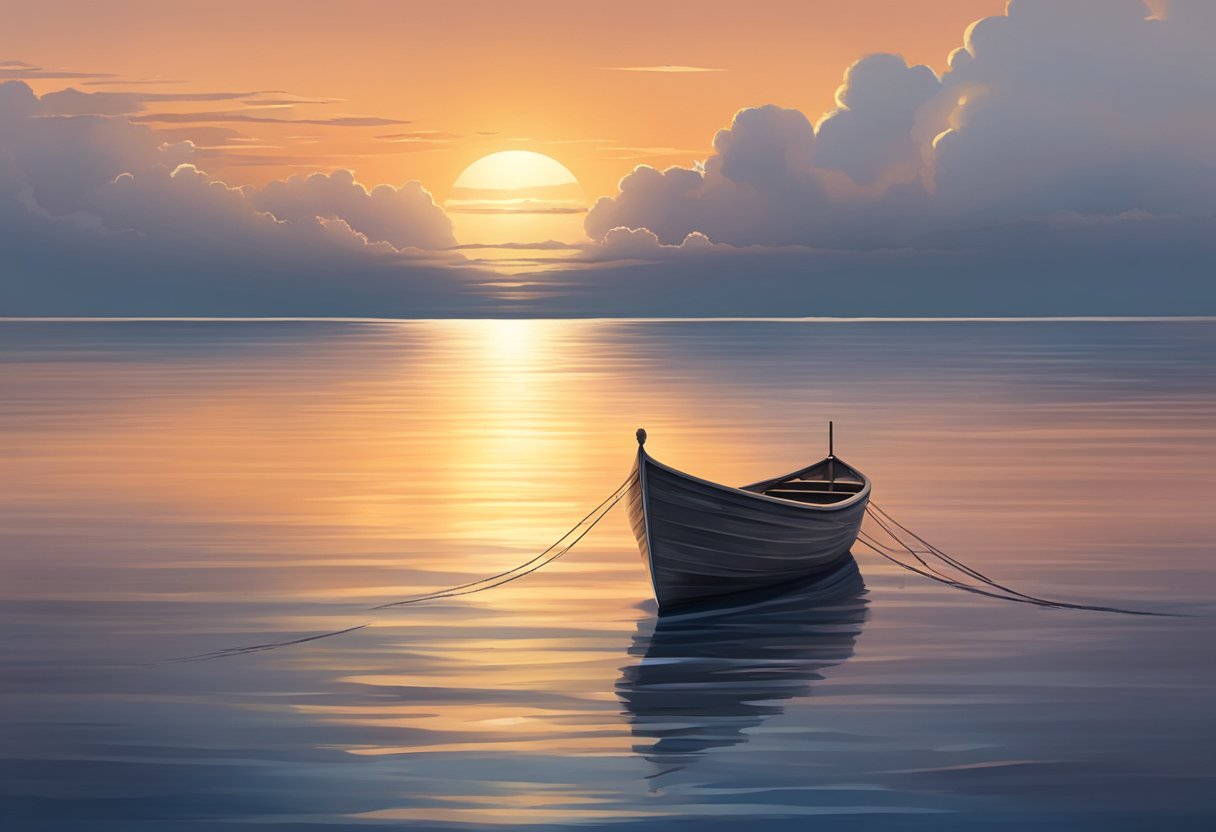 A digital illustration of a boat on the water during a sunset