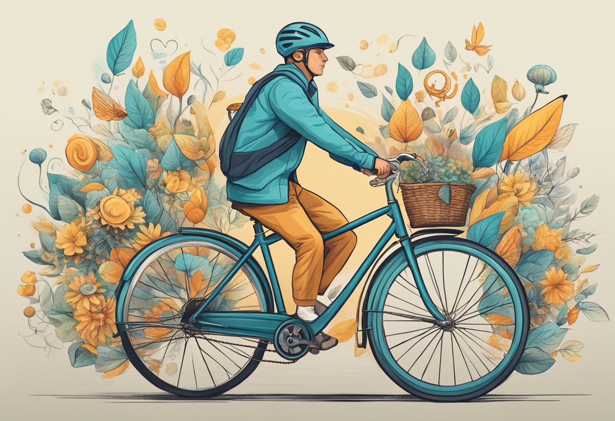 A digital illustration of a man riding a bike with a floral background