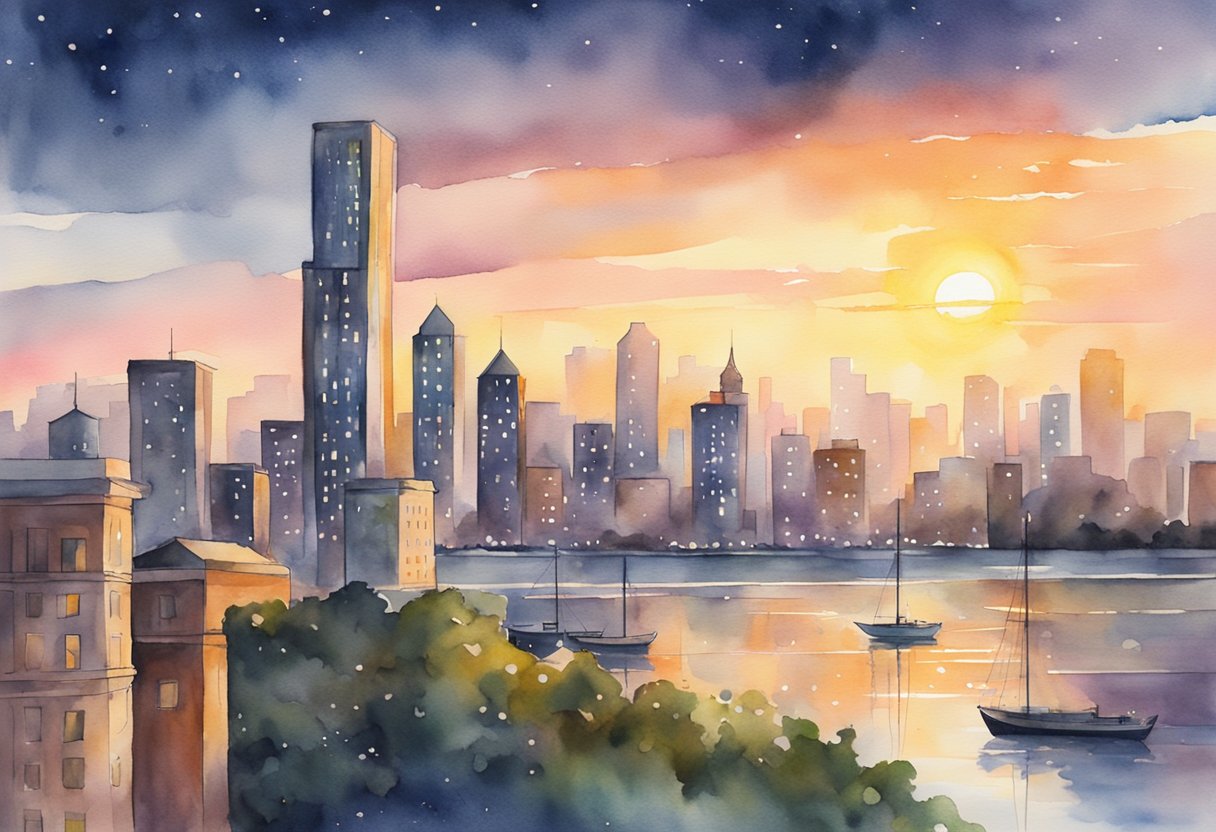 A digital illustration of a city skyline with water and sail boats at sunset 