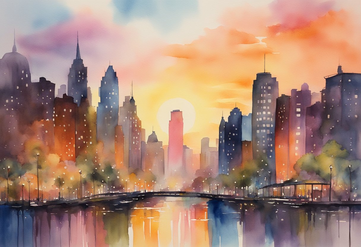 A digital illustration of a city skyline with water reflections a a bridge 