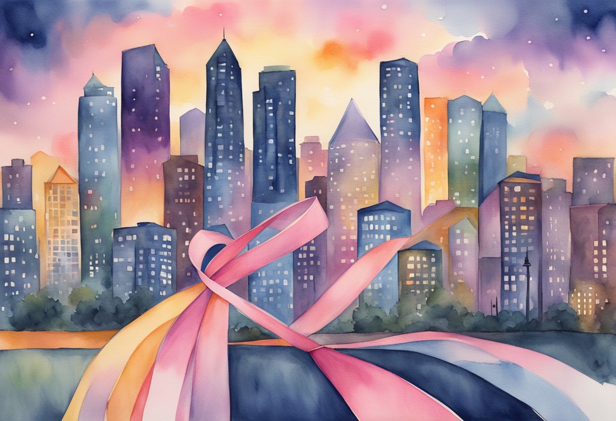 A digital illustration of a city skyline with ribbons 