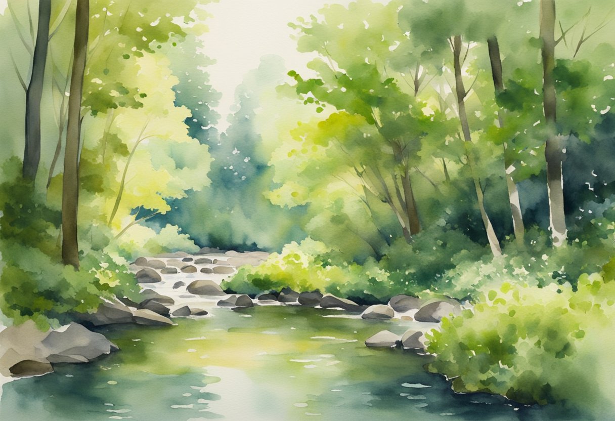 A digital watercolor of a small river leading into a peaceful pond amongst a lush forest