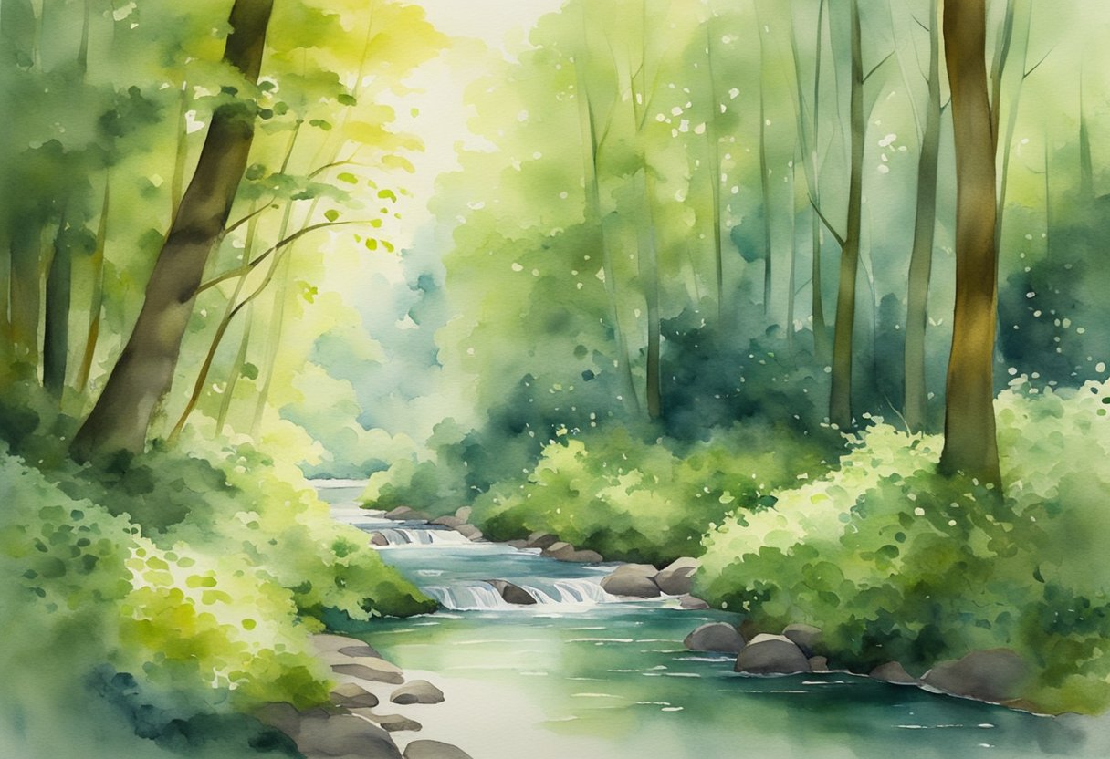 A digital watercolor of a small river running through a lush forest