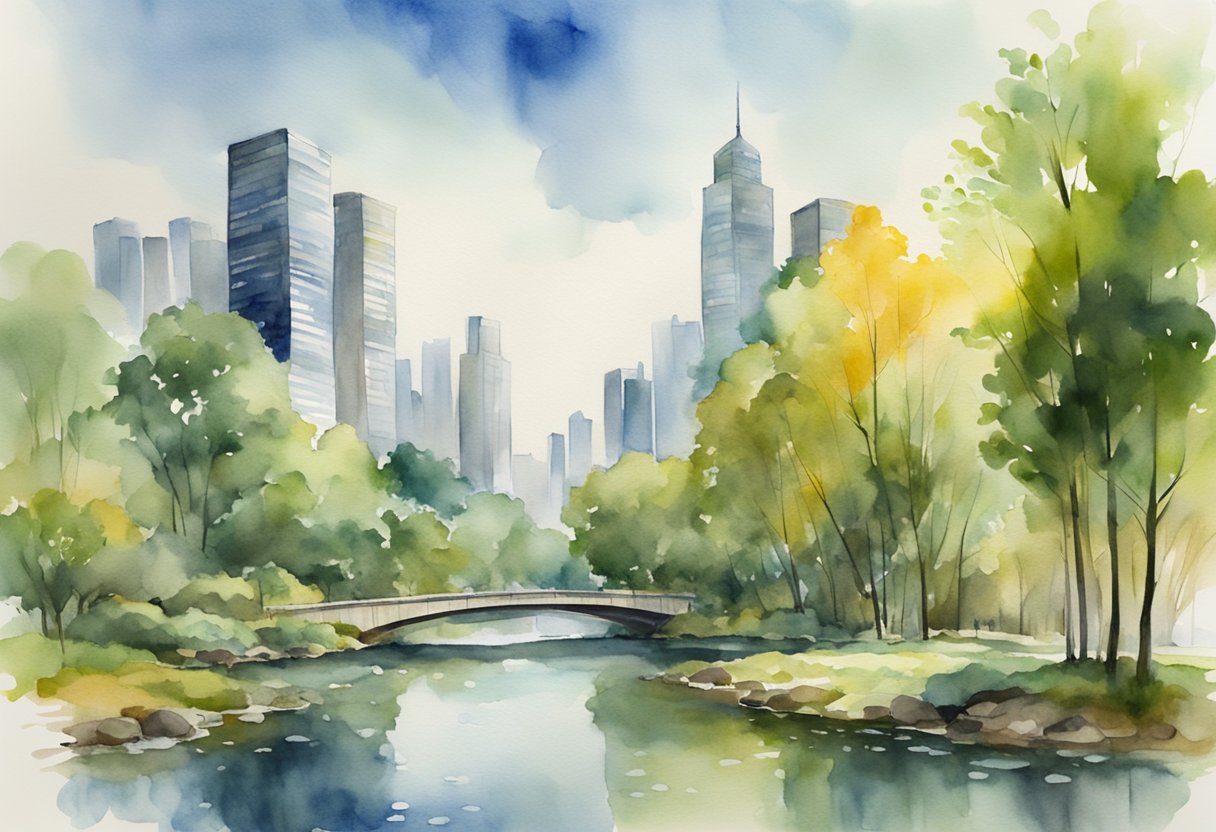 A digital watercolor of a city park with skyscrapers in the background