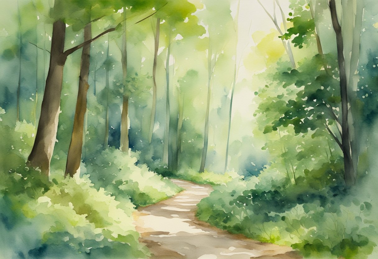 A digital watercolor of a calming walking path through a forest