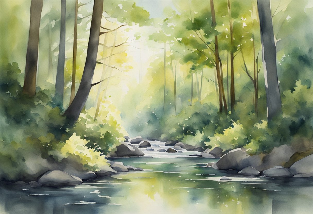 A digital watercolor of a river running through a vally bottom in a forest