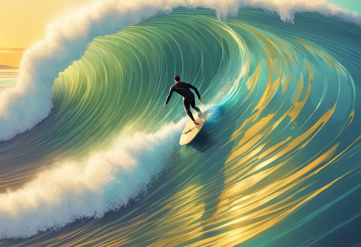 A digital illustration of a man big wave surfing